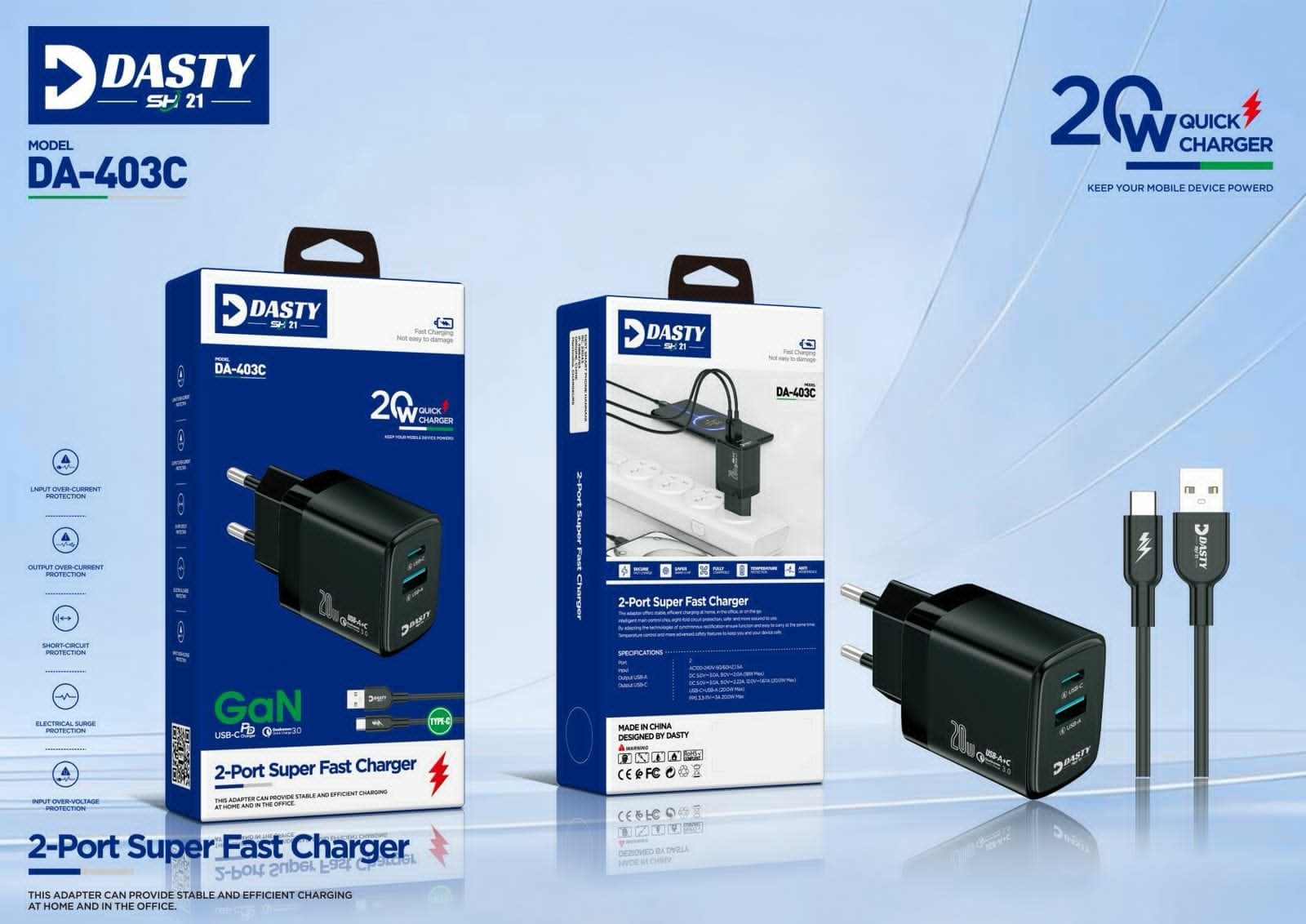 Chargeur DASTY DA-403C – 20W GaN Double Port Super Rapide