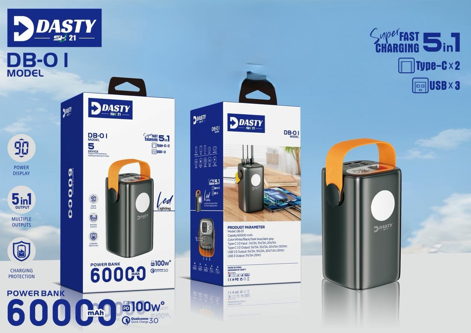 Station de Charge Portable DASTY DB-01 – Power Bank Haute Capacité 60000 mAh 5 en 1 avec Éclairage LED