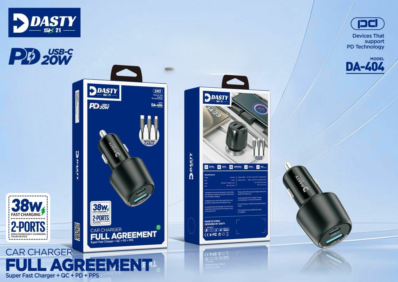 Chargeur Voiture DASTY DA-404 – Full Agreement Super Fast Charger (38W)