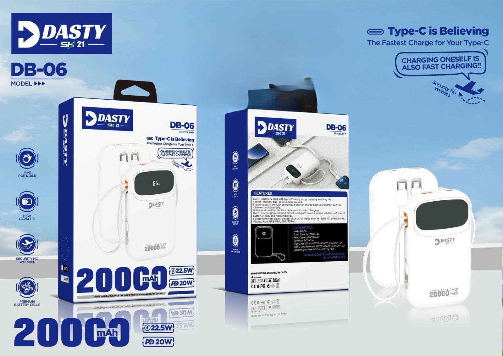 Power Bank DASTY DB-06 – Batterie Externe Haute Capacité 20000 mAh avec Charge Rapide PD 20W